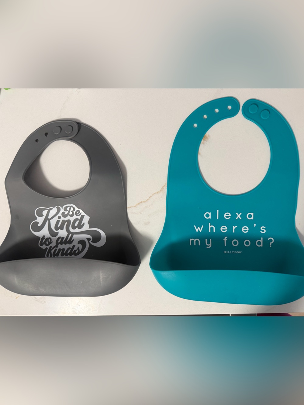 Bella Tunno Silicone Bibs  - "alexa where's my food?" “Be kind to all kinds”